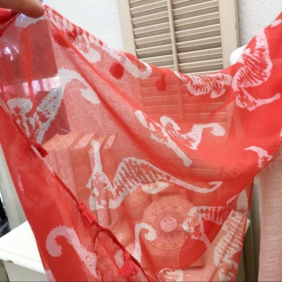 Seahorse Print Tassel Trim Orange Infinity Scarf, nwt - Picture 4 of 5